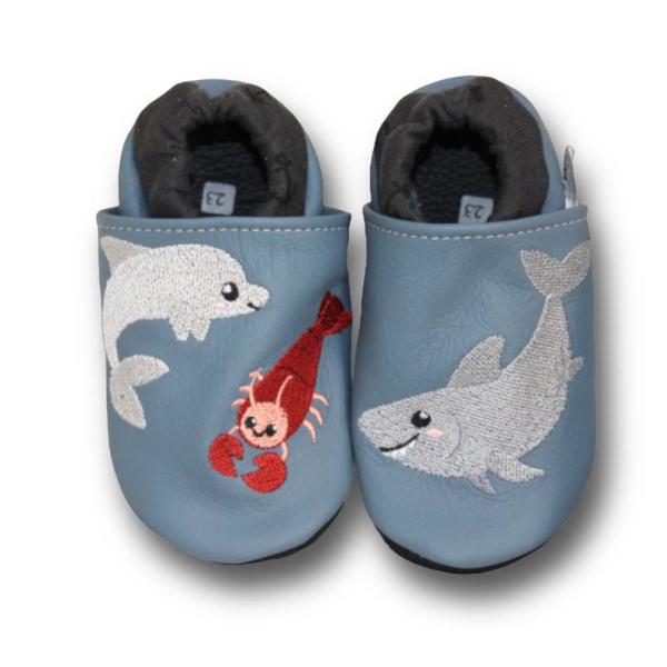 Leder Hausschuhe Hai, Delfin & Krabbe